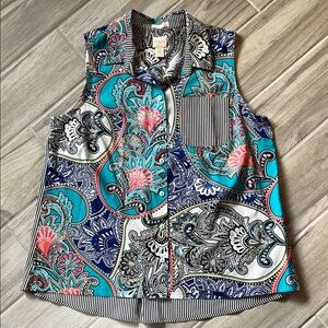 Chico’s Green and Blue Boxy Button Down Shirt with Notched Collar